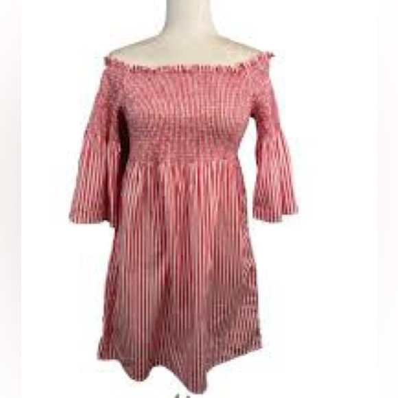 MICHAEL MICHAEL KORS Red & White Striped Off Shoulder Smocked Dress Bell Sleeve - Picture 5 of 7